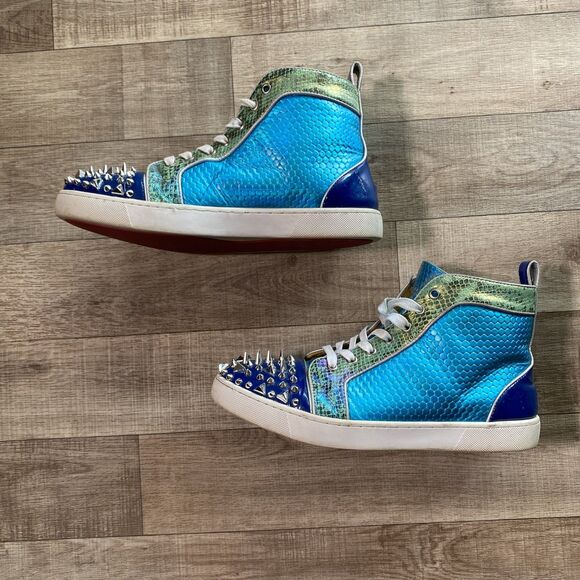 Blue Leather High-Top Snakeskin Shoes w/Spikes Lace-Up Ankle Boots Men's Size 10 - Picture 3 of 10